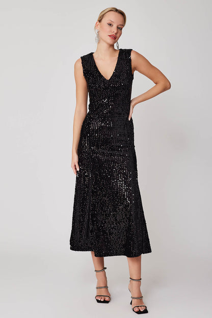 SKIRT TIP SPLIT V COLLAR STAMP LONG DRESS