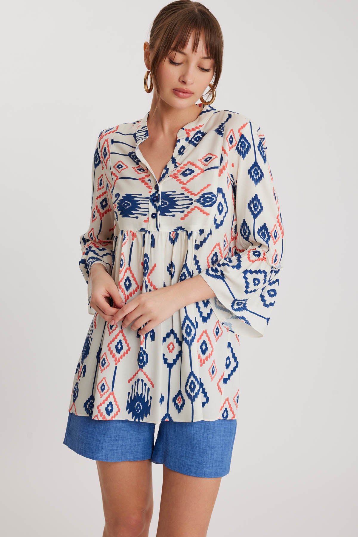 ETHNIC PATTERN BUTTON UP BLOUSE