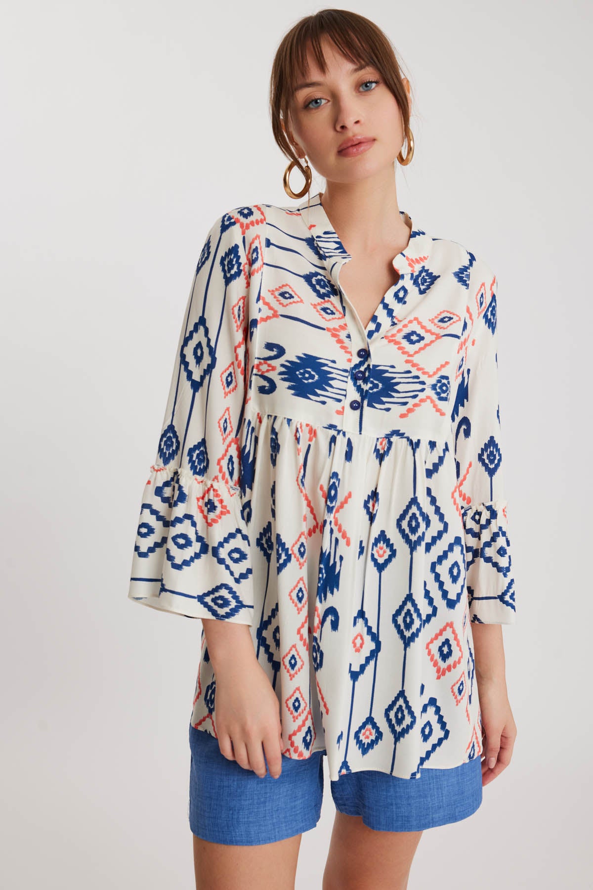 ETHNIC PATTERN BUTTON UP BLOUSE