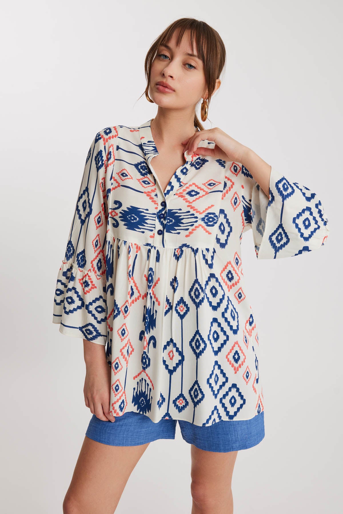 ETHNIC PATTERN BUTTON UP BLOUSE