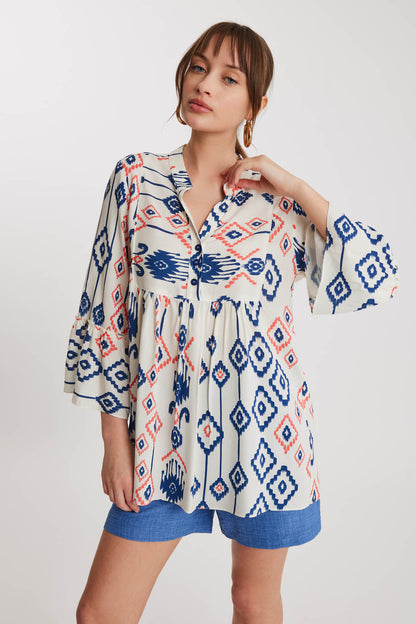 ETHNIC PATTERN BUTTON UP BLOUSE