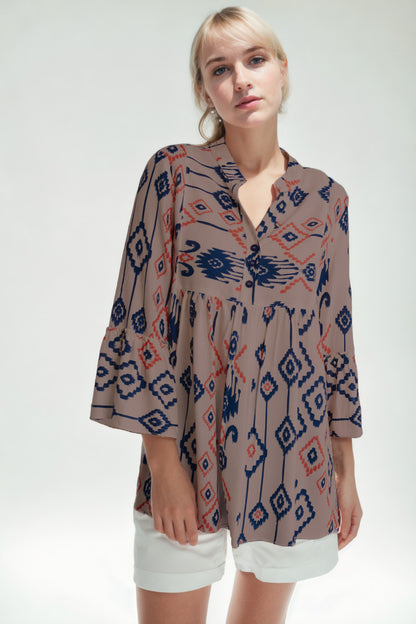ETHNIC PATTERN BUTTON UP BLOUSE