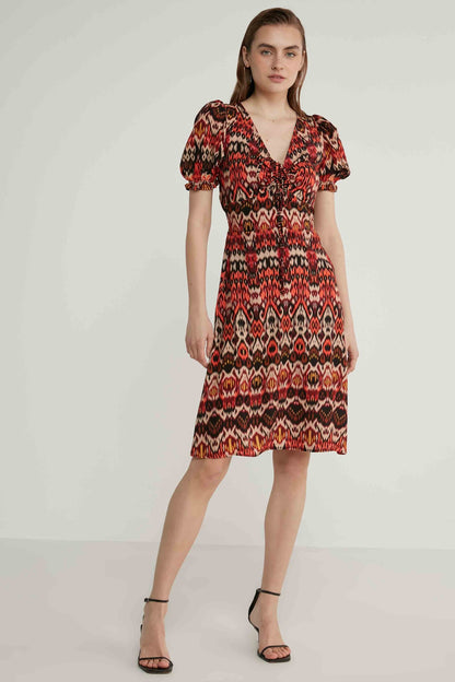 ETHNIC PATTERN V COLLAR DRESS