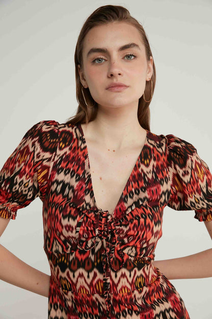 ETHNIC PATTERN V COLLAR DRESS