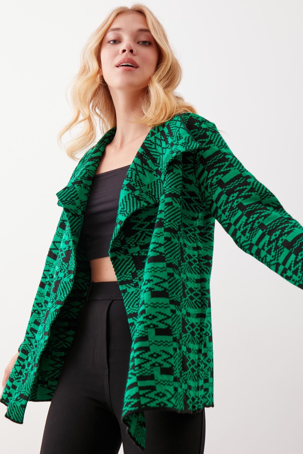ETHNIC PATTERN SHAWL COLLAR KNITTED CARDIGAN