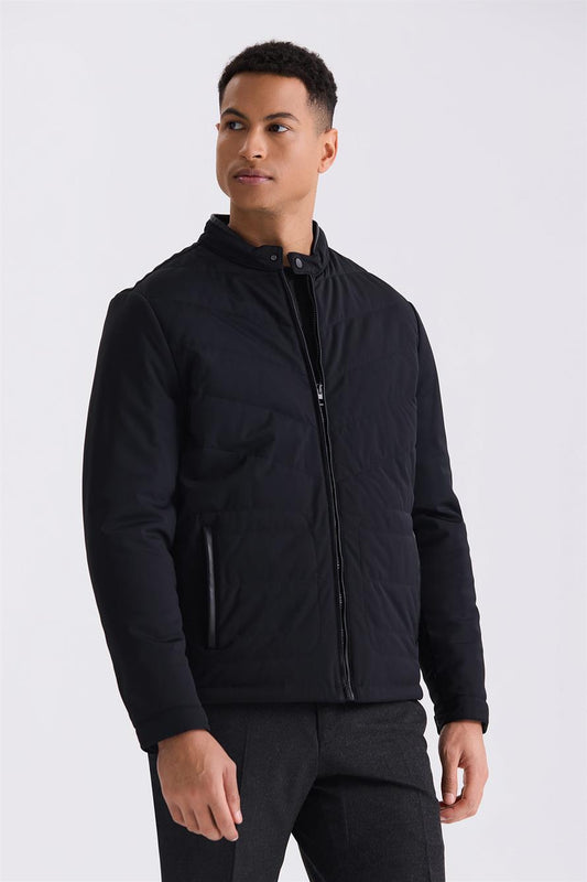 Black Comfort Fit High Collar Front Sewn Seasonal Jacket