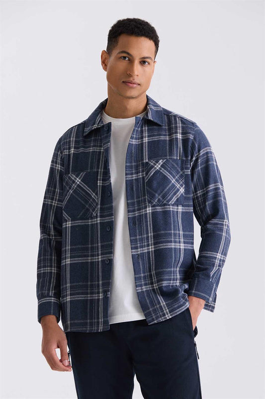 Navy Full Cut, Plaid Pattern, Cotton Pocket, Lumberjack Shirt