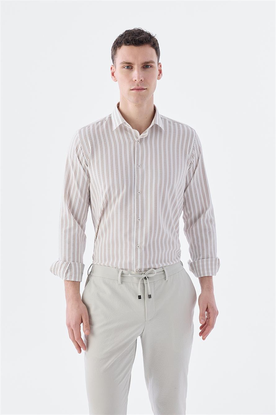 Coffee Comfort Fit Sports Shirt With Patterned Elastic Fabric Cotton