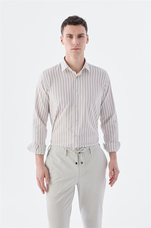 Coffee Comfort Fit Sports Shirt With Patterned Elastic Fabric Cotton