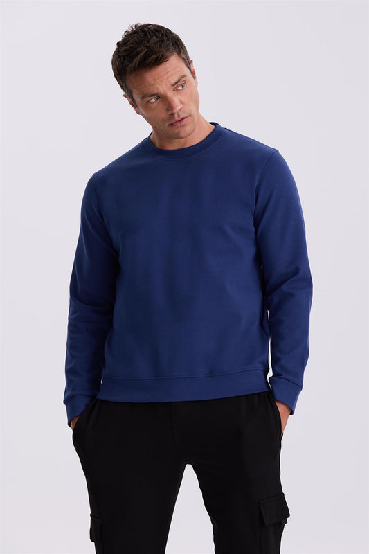 Indigo Slim Fit Round Collar Basic Lycra Sweatshirt With Cotton
