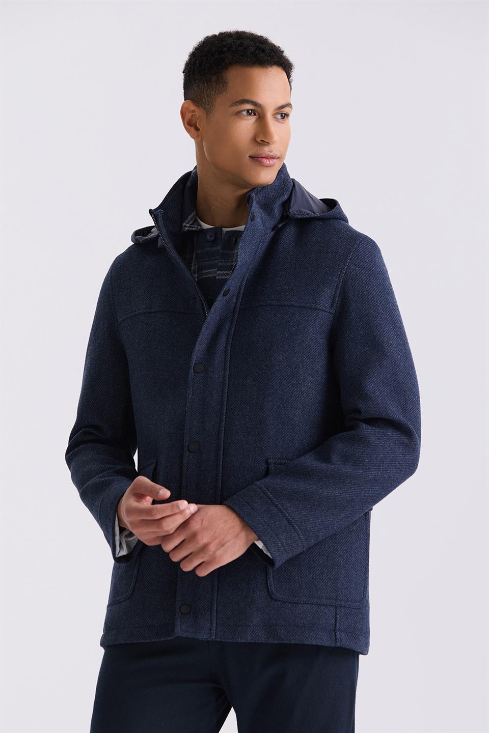Navy Comfort Fit Judge Collar Sports Jacket With Patterned Hood