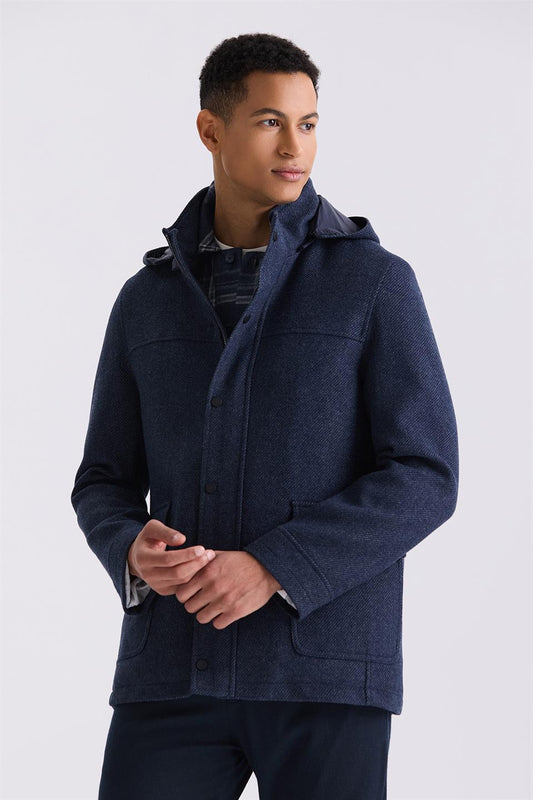 Navy Comfort Fit Judge Collar Sports Jacket With Patterned Hood