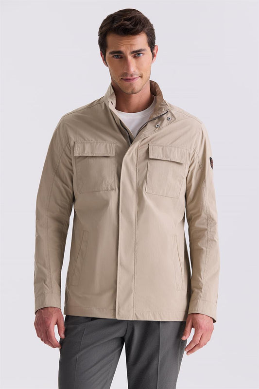 Beige Comfort Fit, Straight Collar, Seasonal Sports Jacket