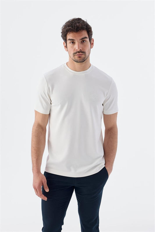 Slim Fit White Round Collar T Shirt