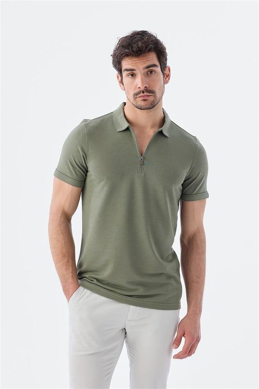 Slim Fit Polo Collar T Shirt With A Moulded Green Zipper
