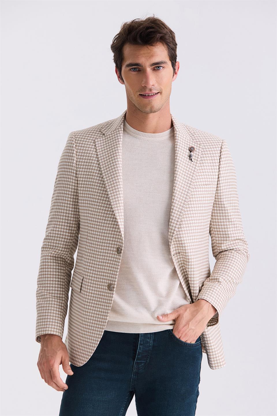 Beige Slim Fit With Patterned Single Collar Summer Sports Jacket