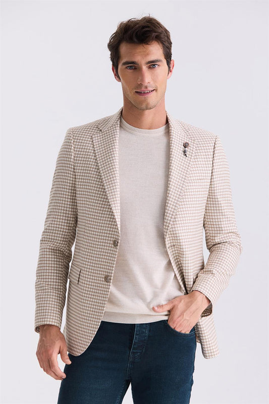 Beige Slim Fit With Patterned Single Collar Summer Sports Jacket