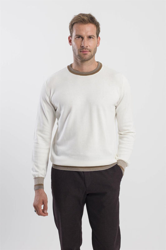 Ecru Slim Fit Round Collar Knitted Sweater