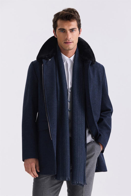 Navy Regular Fit Removable Fur Collar Patterned Wool Jacket