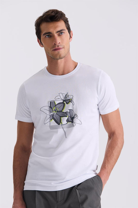 Slim Fit White Round Collar T Shirt