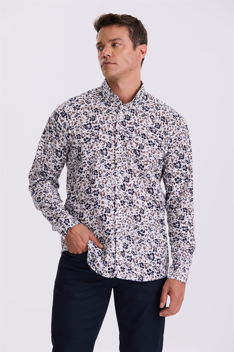 Dark Navy Flower Collar Comfort Fit Shirt With Buttons