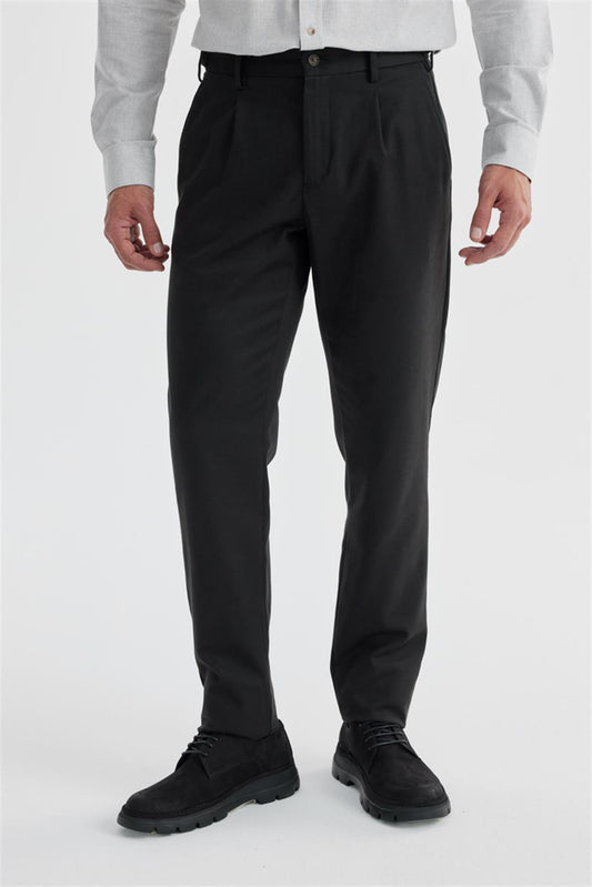 Black Comfort Fit Double Pile Cotton Canvas Trousers With White Collar