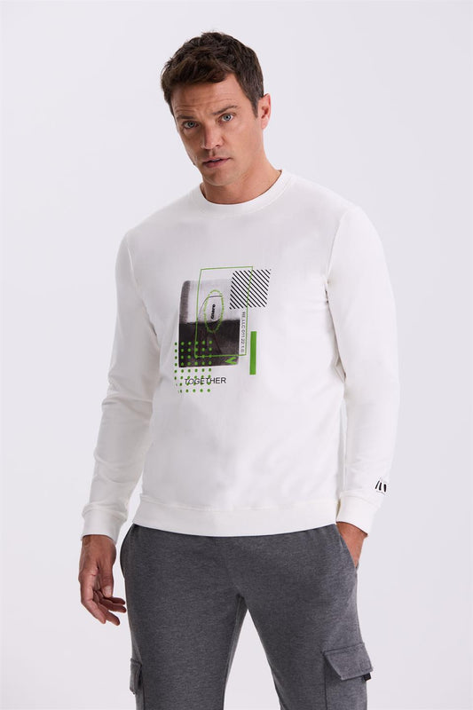 Ecru Slim Fit Printed Round Collar Narrow Cut Printed 100% Cotton Sweatshirt