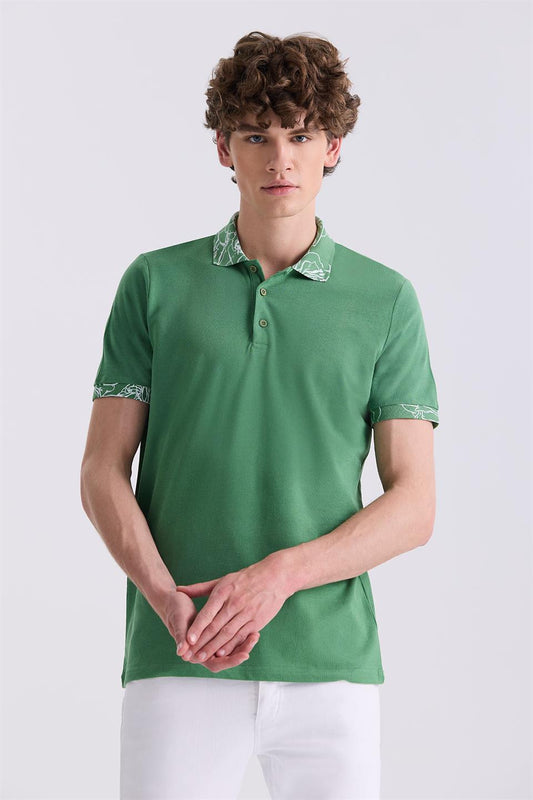 Green Slim Fit Printed Polo Collar T Shirt