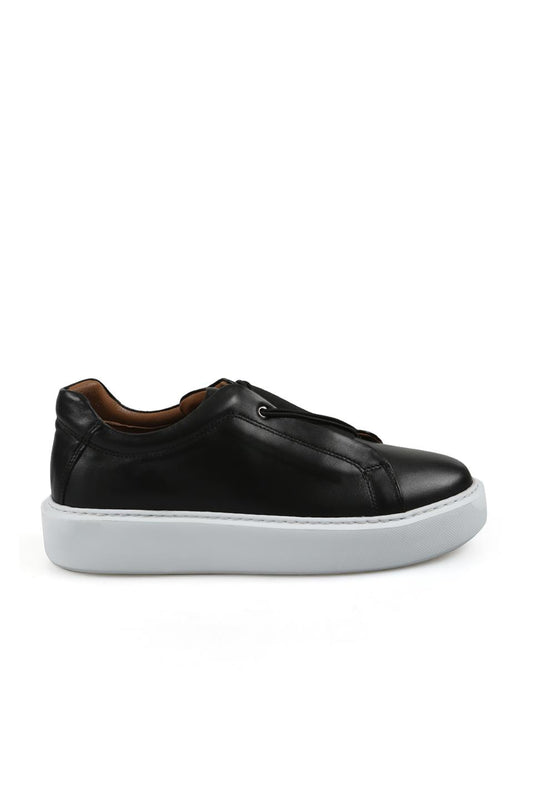 Black 100% Leather Stitched Sole Elastane Sneaker Shoes