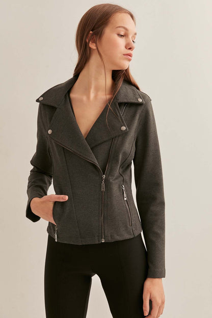 ZIPPERED BUTTERFLY COLLAR KNITTED BIKER JACKET