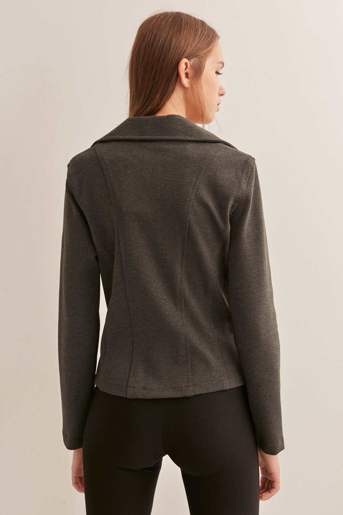 ZIPPERED BUTTERFLY COLLAR KNITTED BIKER JACKET