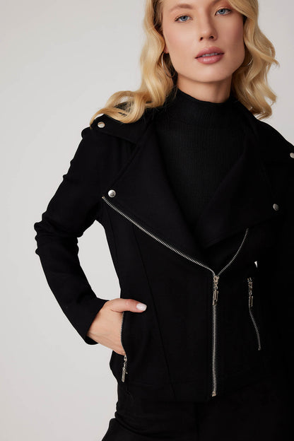 ZIPPERED BUTTERFLY COLLAR KNITTED BIKER JACKET