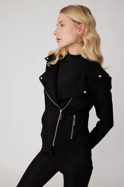 ZIPPERED BUTTERFLY COLLAR KNITTED BIKER JACKET