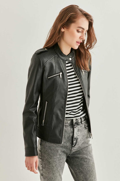 ZIPPERED FAUX LEATHER JACKET
