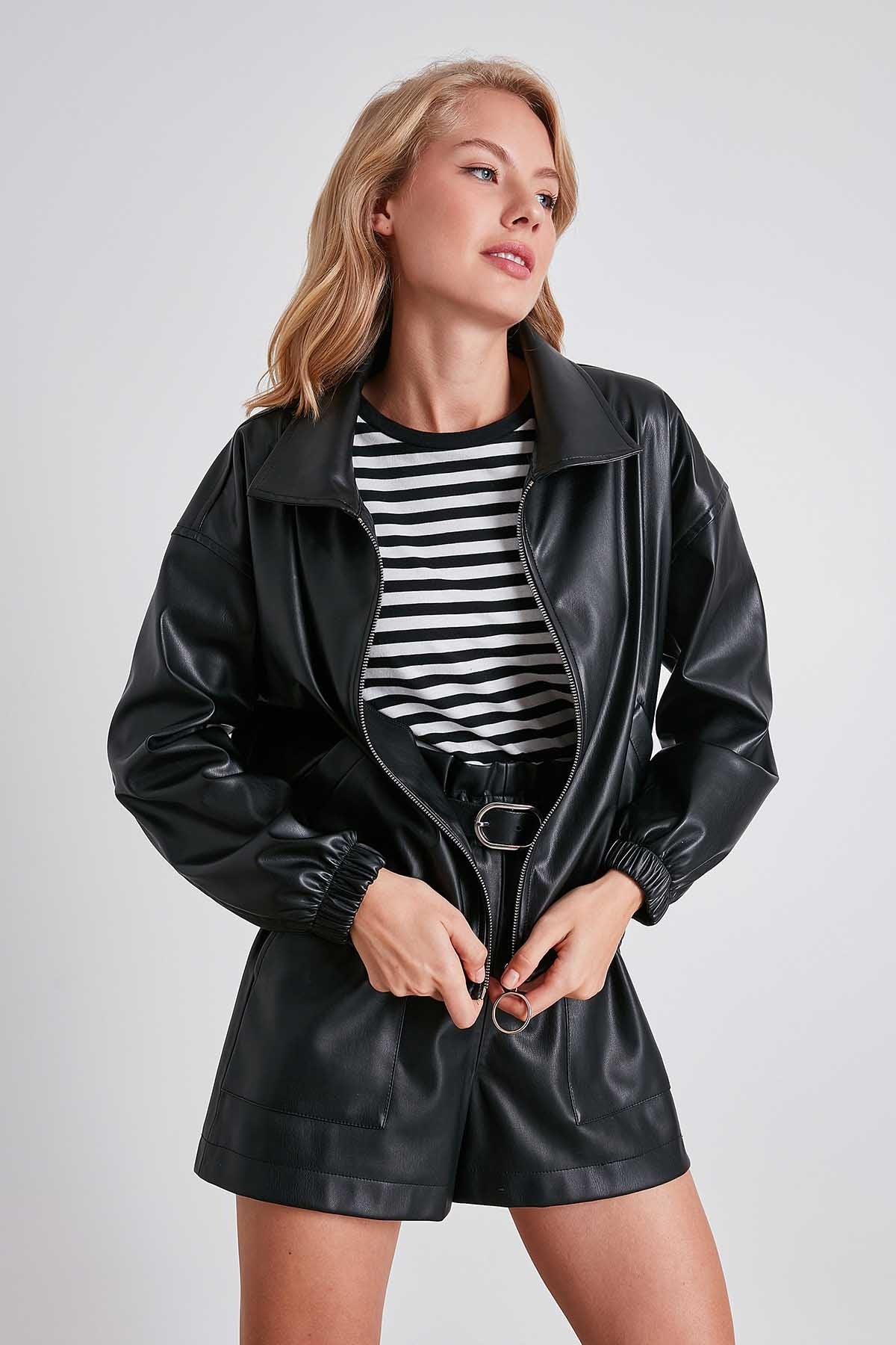 ZIPPERED BOMBER FAUX LEATHER JACKET