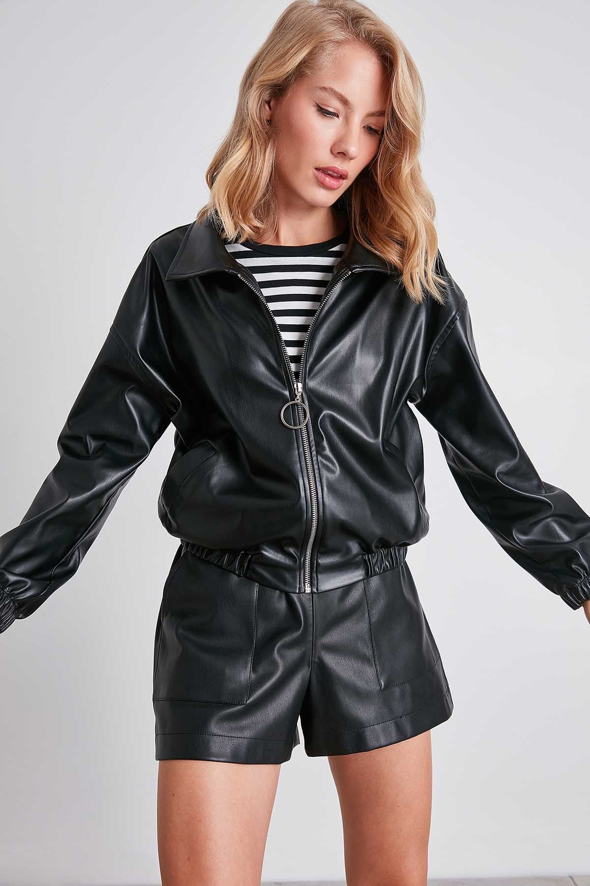 ZIPPERED BOMBER FAUX LEATHER JACKET
