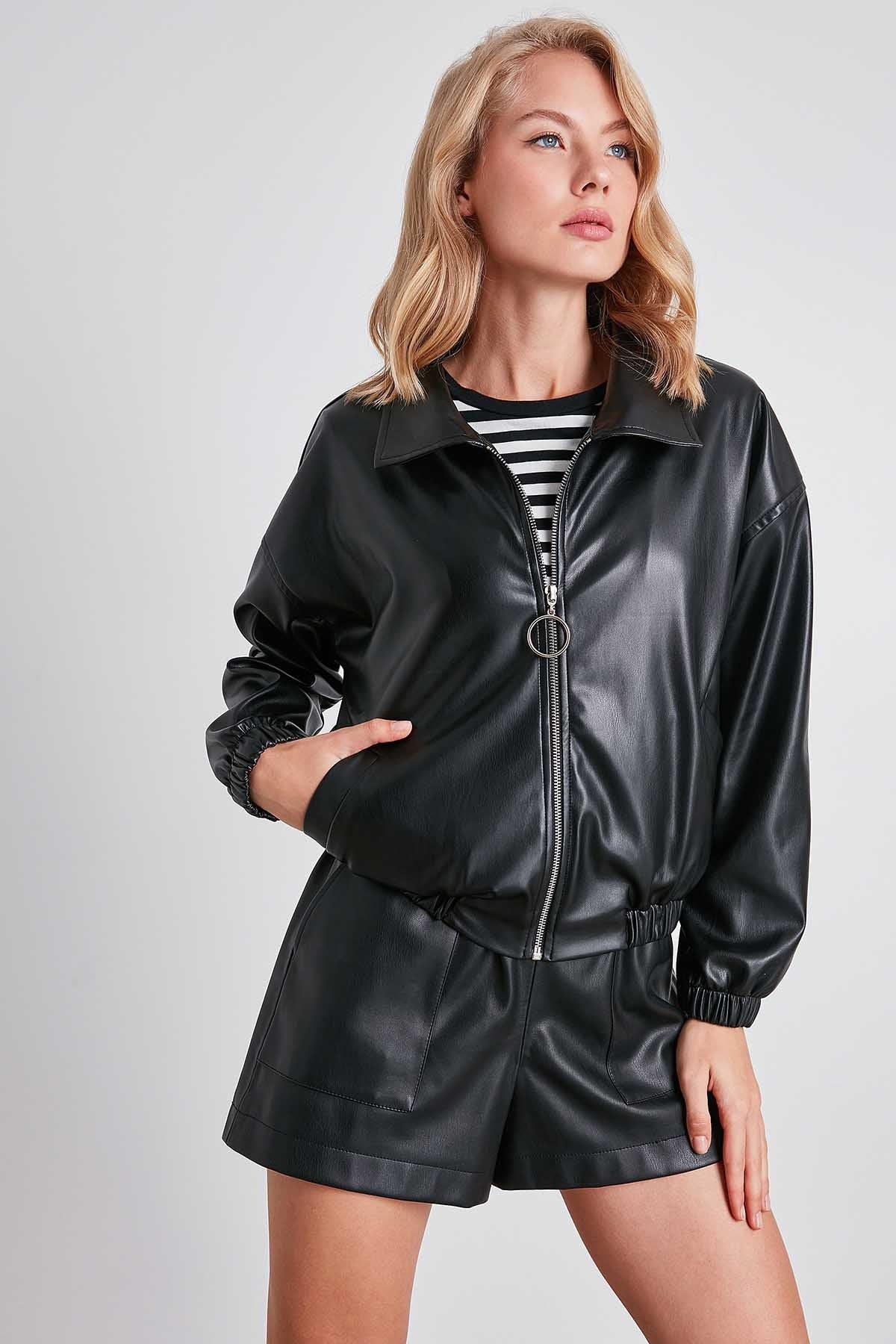 ZIPPERED BOMBER FAUX LEATHER JACKET