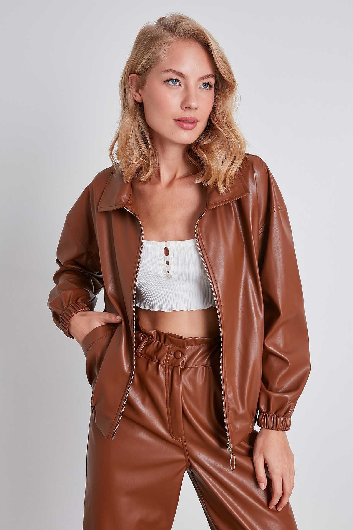 ZIPPERED BOMBER FAUX LEATHER JACKET