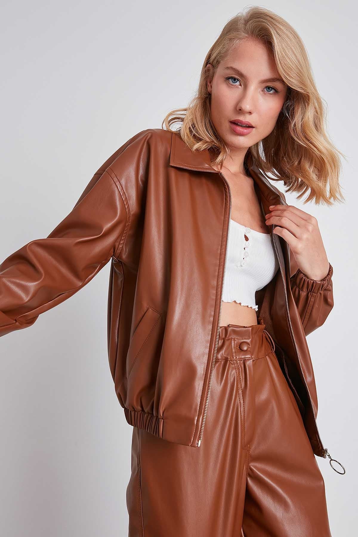 ZIPPERED BOMBER FAUX LEATHER JACKET