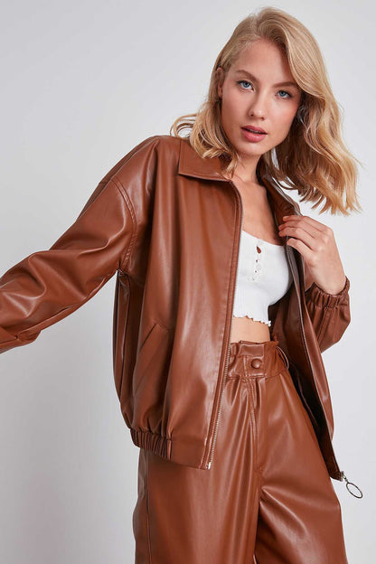 ZIPPERED BOMBER FAUX LEATHER JACKET
