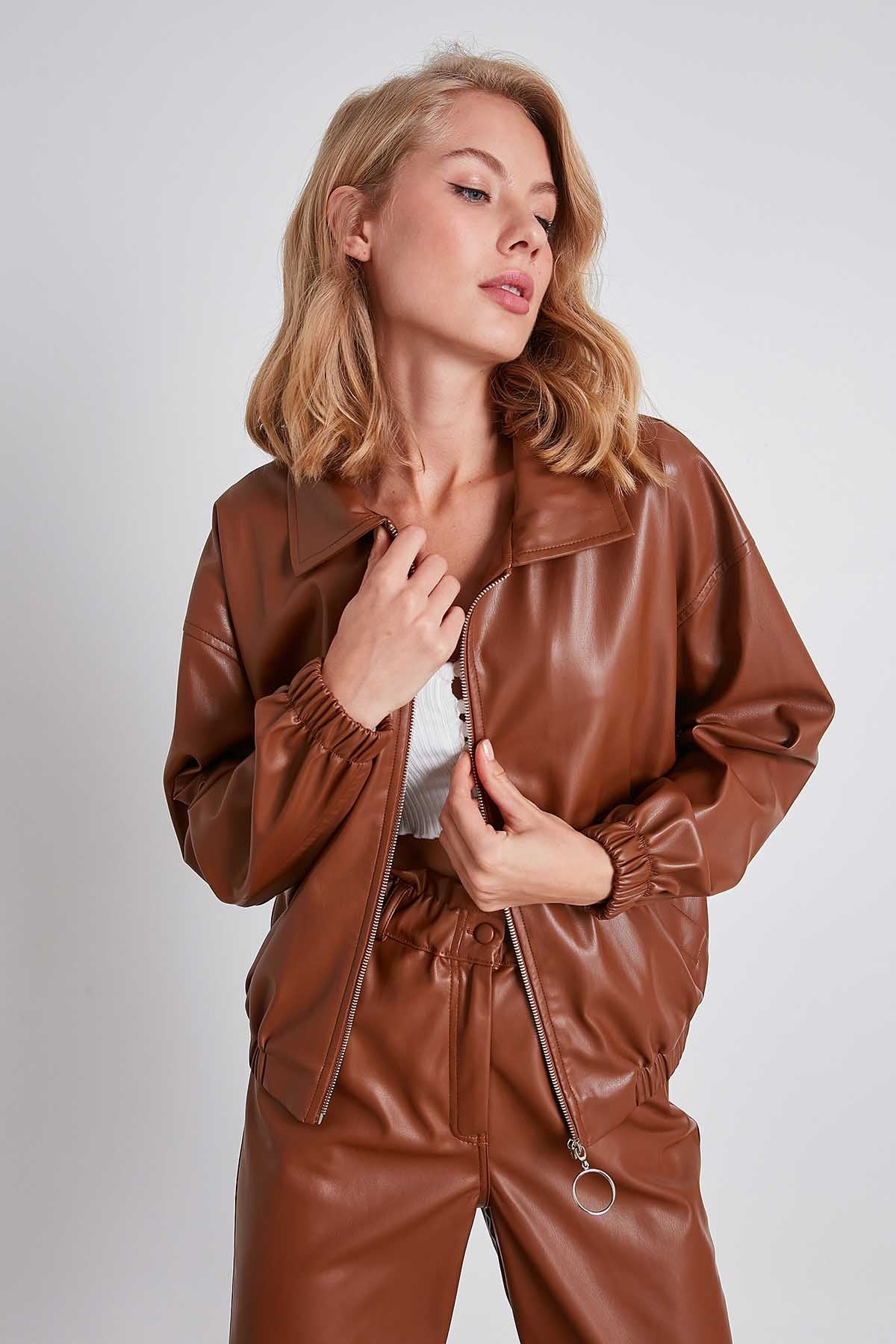 ZIPPERED BOMBER FAUX LEATHER JACKET