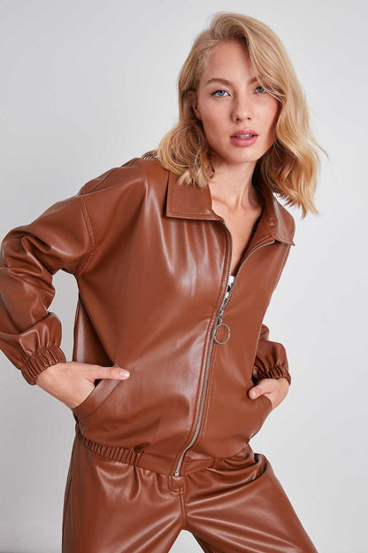 ZIPPERED BOMBER FAUX LEATHER JACKET
