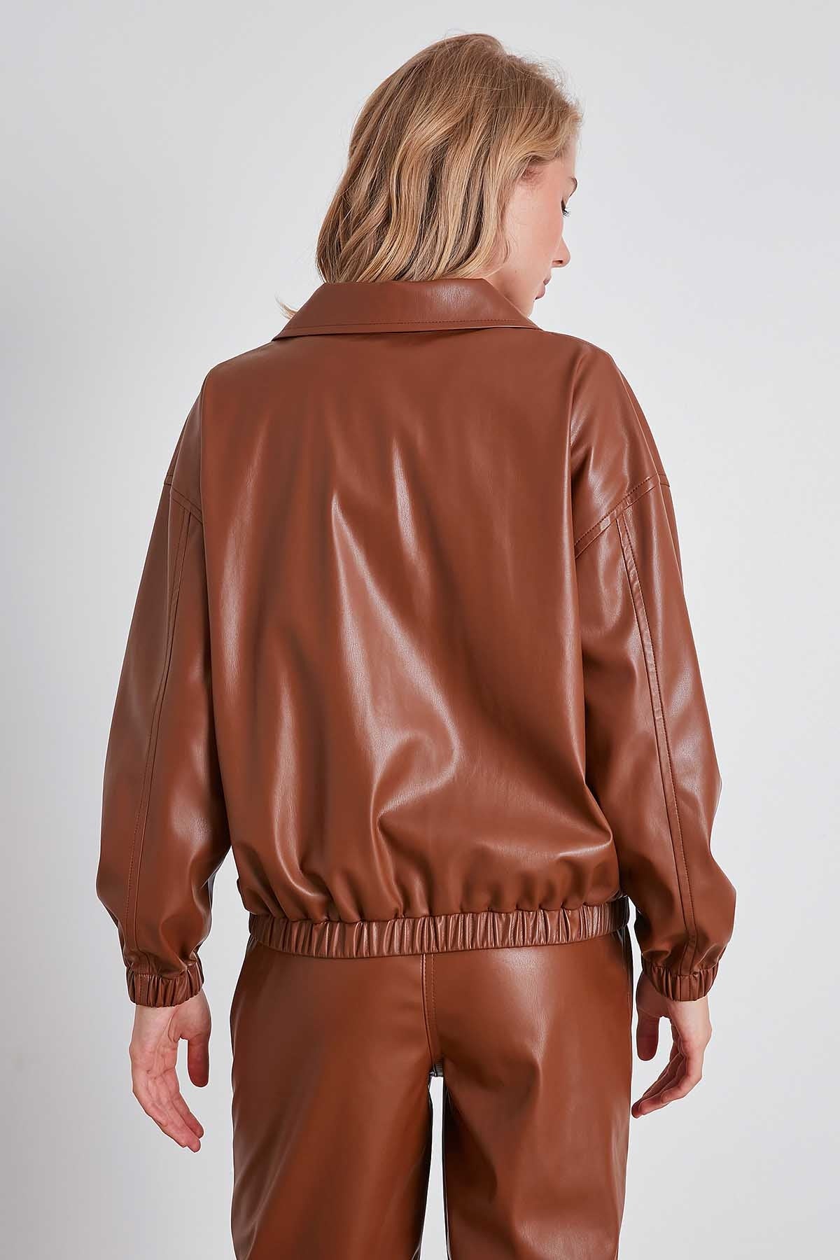 ZIPPERED BOMBER FAUX LEATHER JACKET