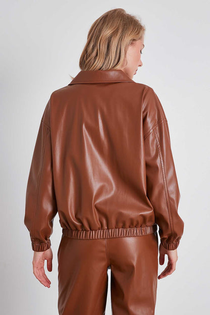 ZIPPERED BOMBER FAUX LEATHER JACKET
