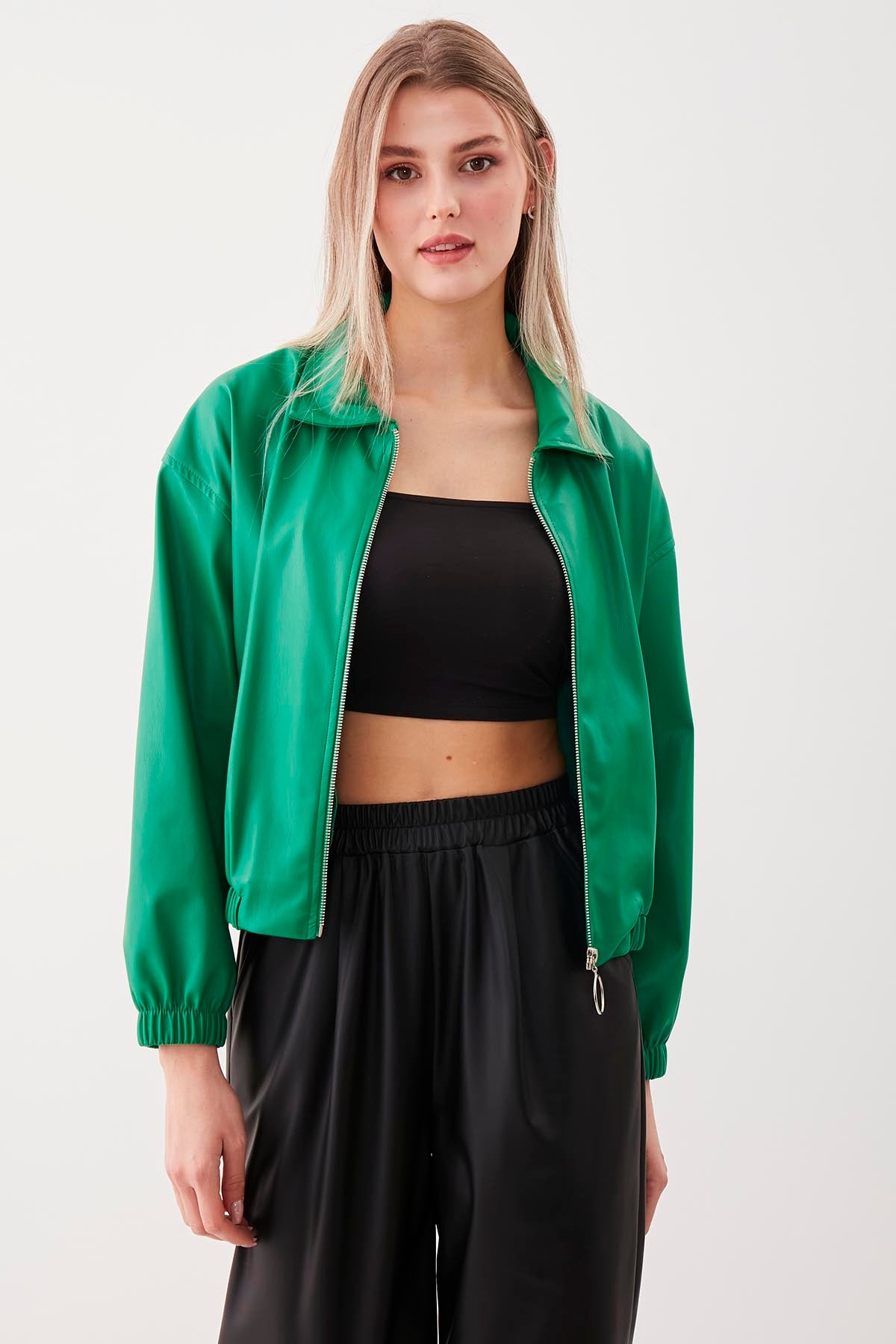 ZIPPERED BOMBER FAUX LEATHER JACKET