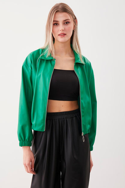 ZIPPERED BOMBER FAUX LEATHER JACKET