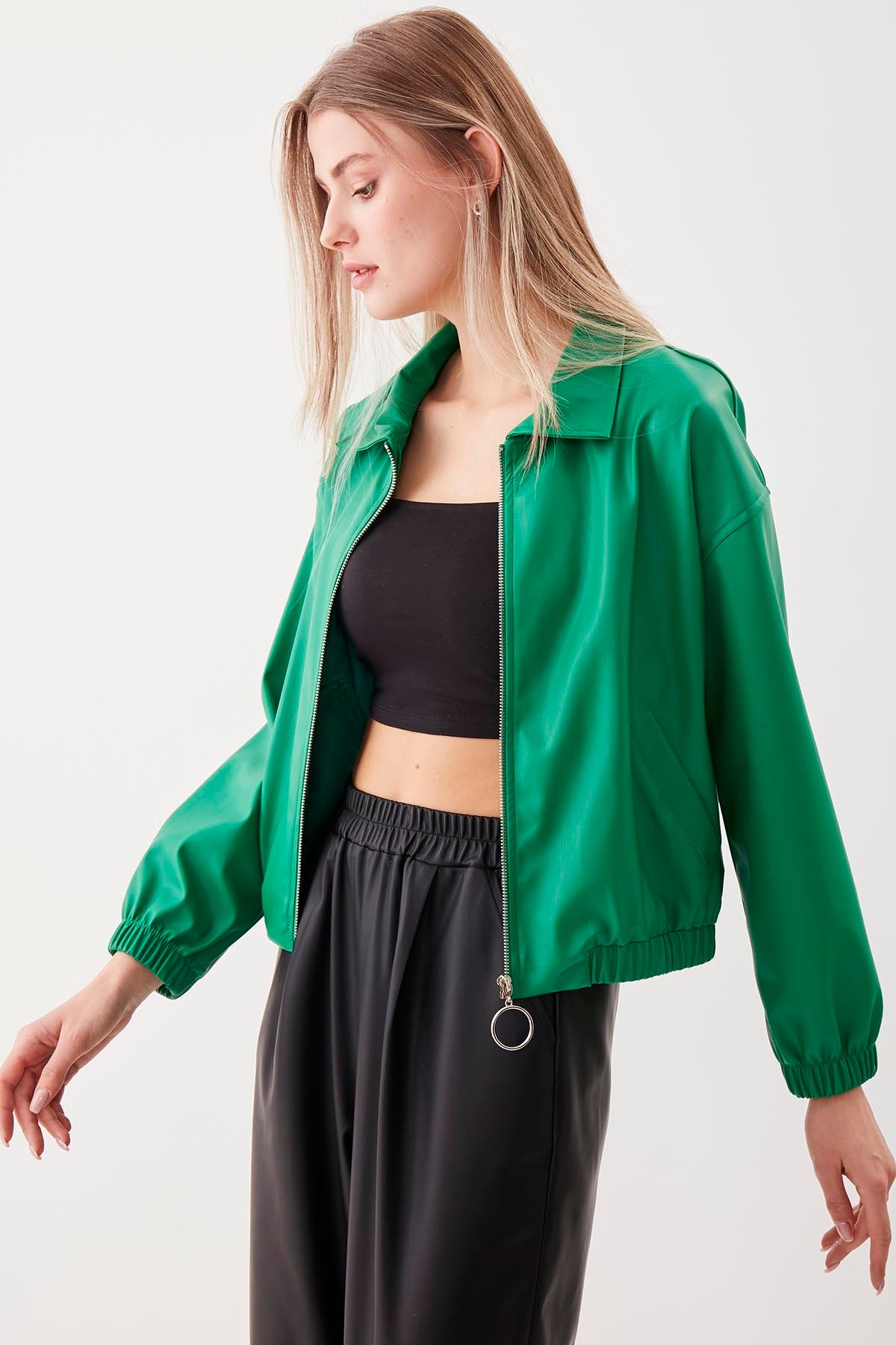 ZIPPERED BOMBER FAUX LEATHER JACKET