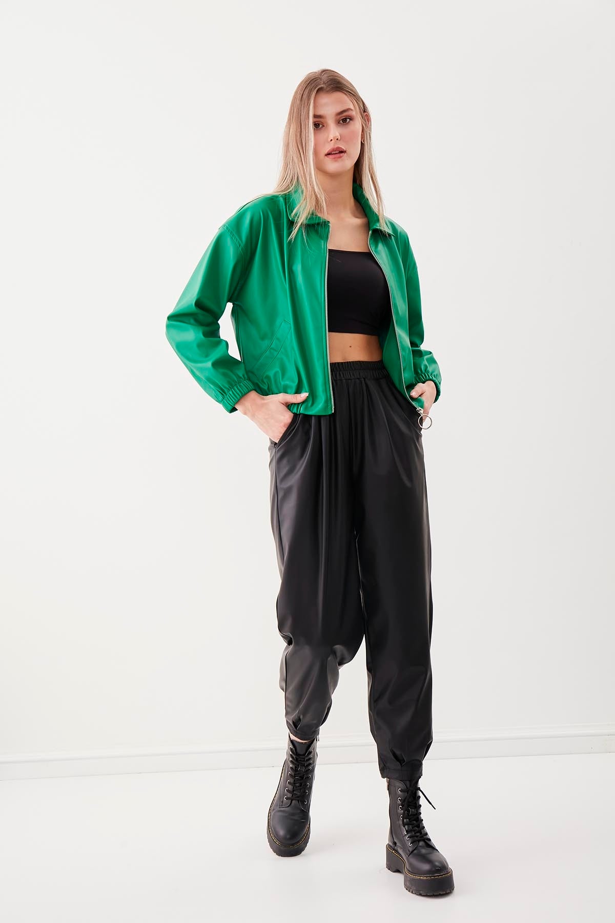 ZIPPERED BOMBER FAUX LEATHER JACKET