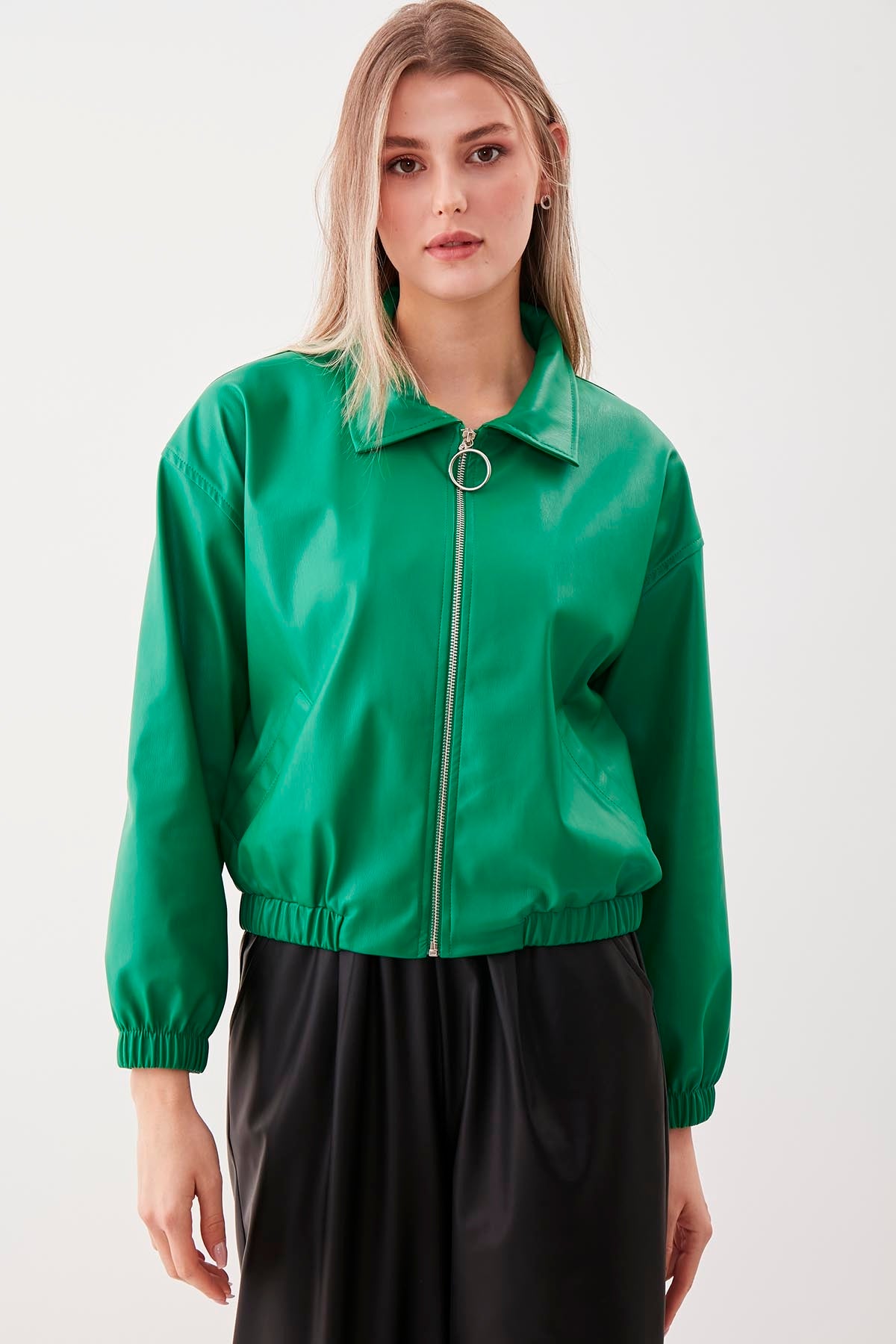 ZIPPERED BOMBER FAUX LEATHER JACKET