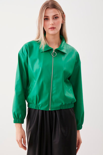 ZIPPERED BOMBER FAUX LEATHER JACKET